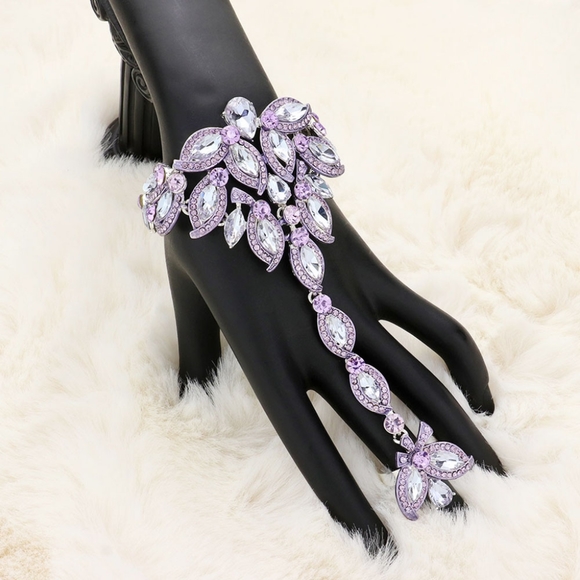Amethyst Marquise Crystal Evening Hand Chain Bracelet Statement Jewelry Ring - Picture 1 of 2